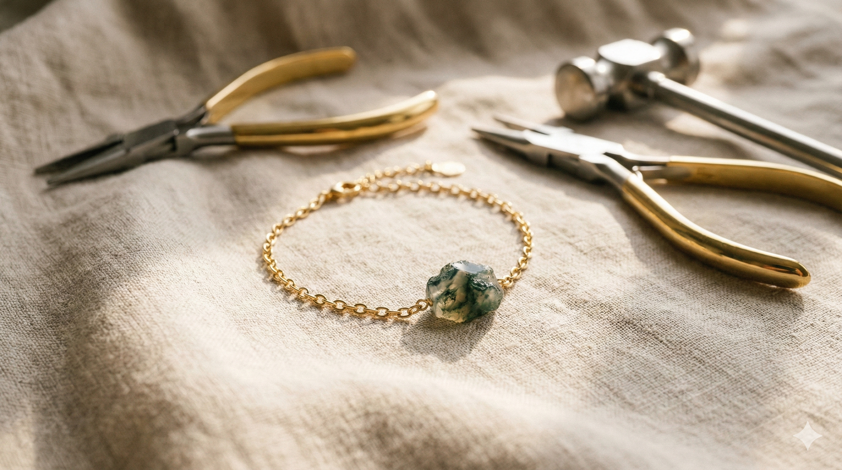 Handgemaakte goudkleurige armband met ruwe groenige edelsteen tussen sieradentools op linnen ondergrond.