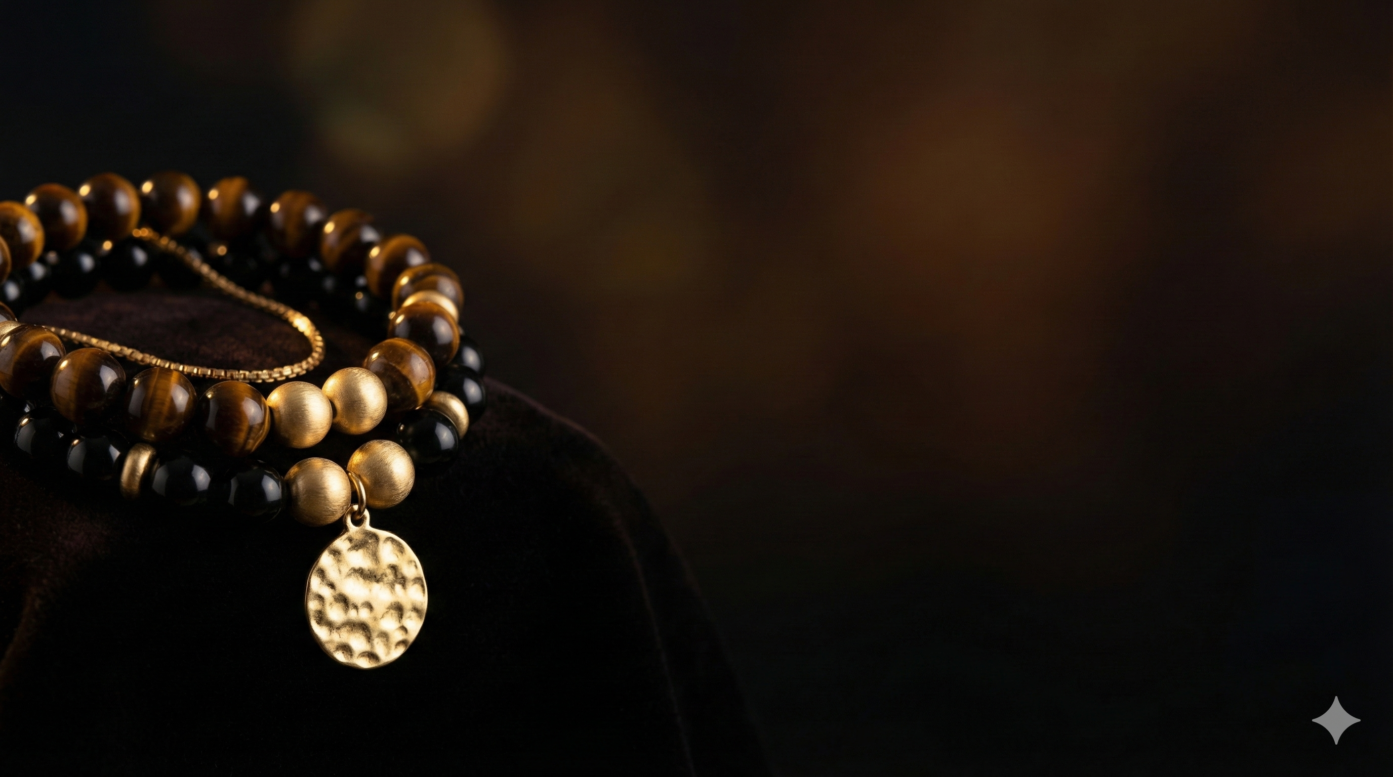 Stapels armbanden van tijgeroog en zwarte kralen met goudkleurige hanger op donkere achtergrond.
